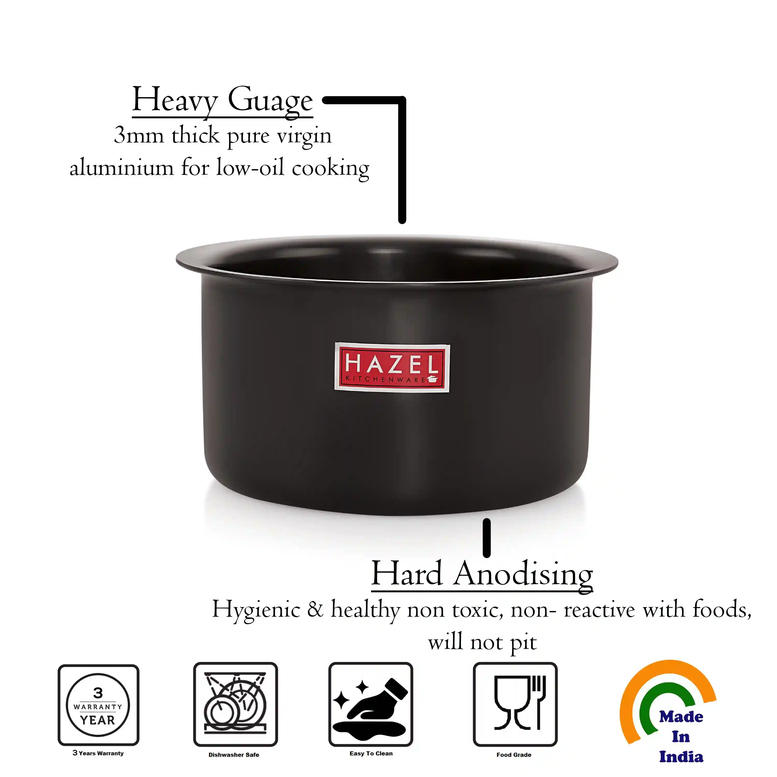 HAZEL Hard Anodised Aluminium Tope with Lid | Hard Anodised Cookware Boiling Tope Patila with Steel Lid Cover for Cooking (Tope Capacity 1100ml, Lid 16.8 cm), Black