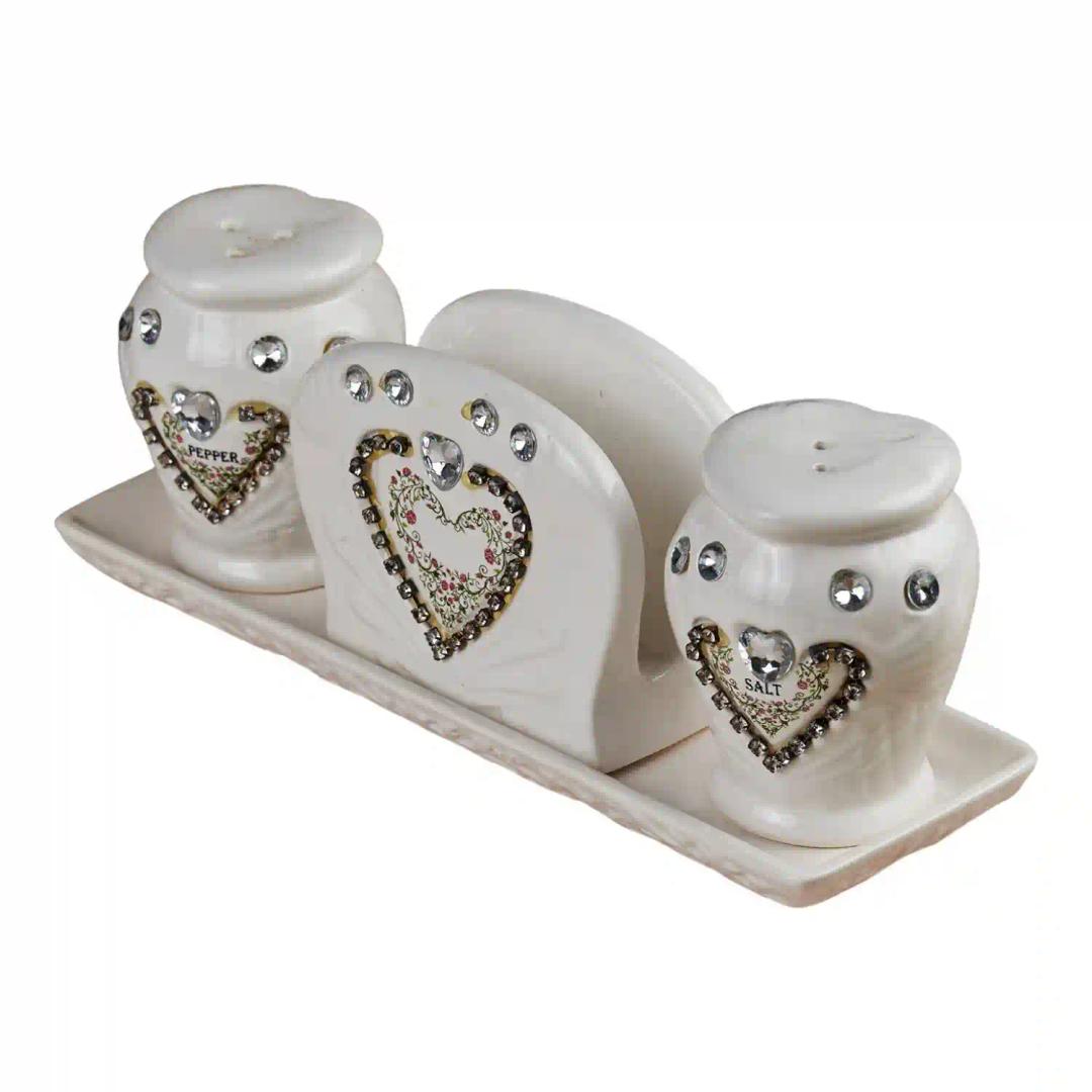 Kookee Ceramic Salt and Pepper Shakers Set with tray for Dining Table used as Namak Dhani, Shaker, Sprinkler, Spices Dispenser for Home, Kitchen and Restaurant, White (10710)