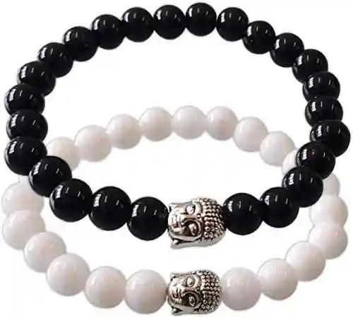 White Agate and Black Onyx Stone, Natural Energized Stone, 8 mm Beads Bracelet with Buddha