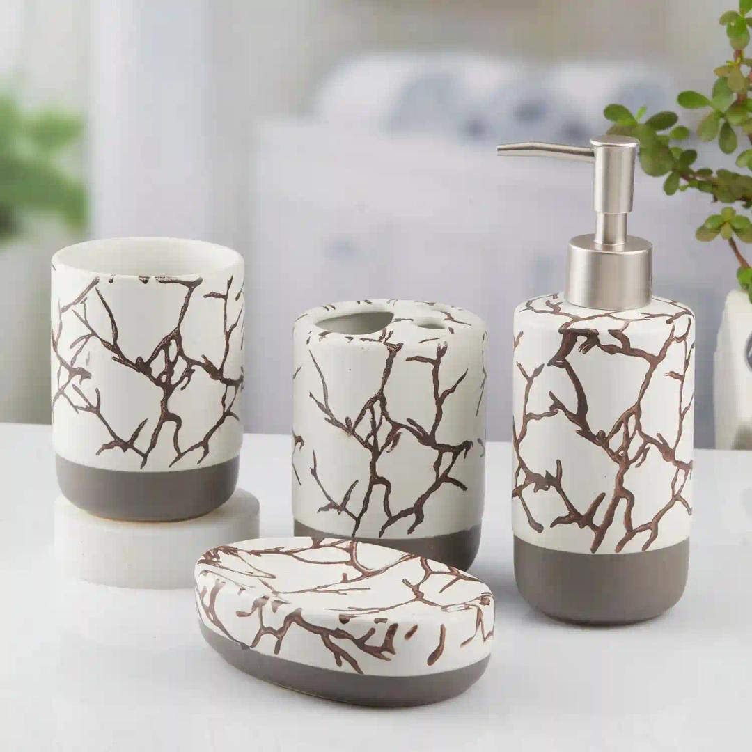 Kookee Ceramic Bathroom Accessories Set of 4, Modern Bath Set with Liquid hand wash Soap Dispenser and Toothbrush holder, Luxury Gift Accessory for Home, White/Grey (10465)