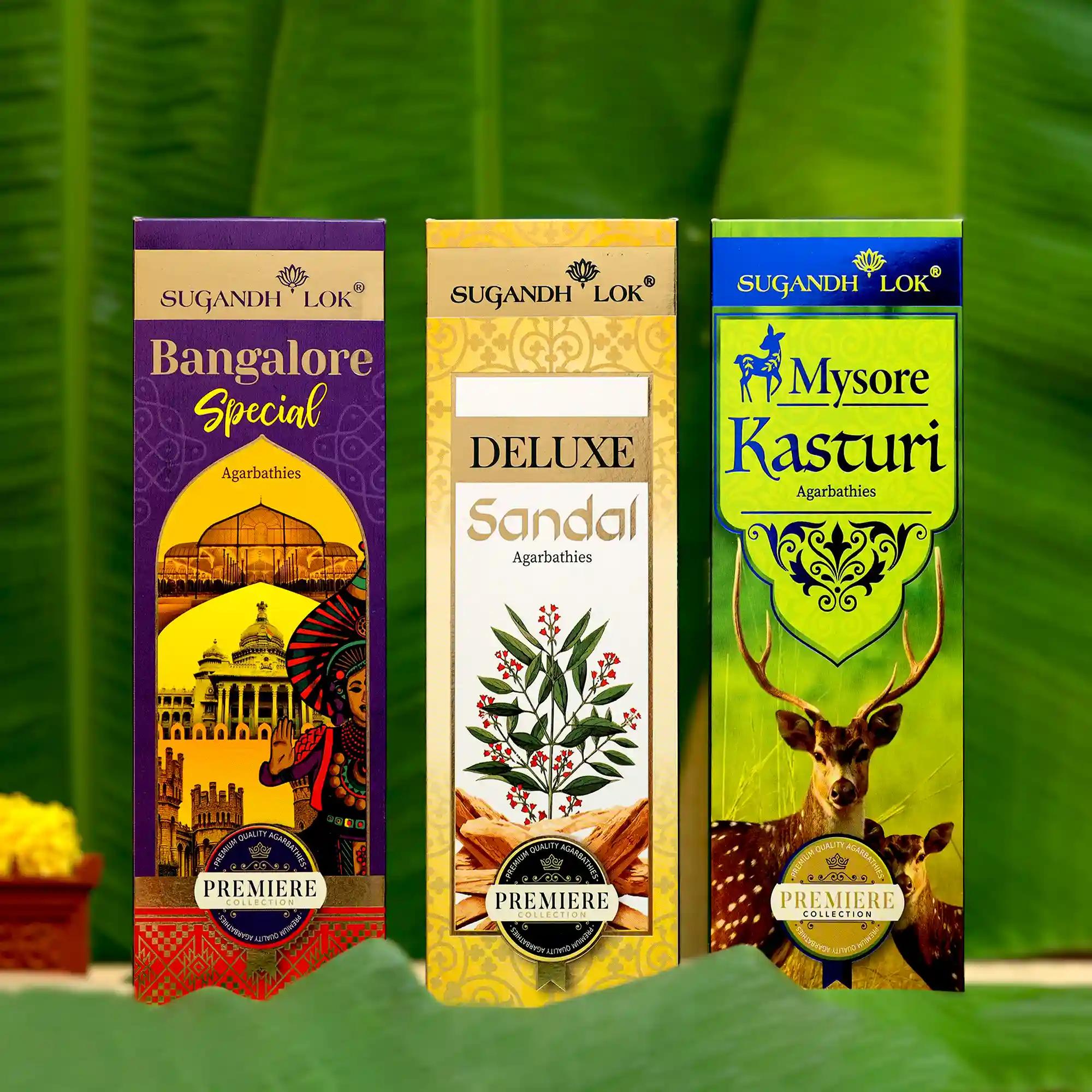 Premium Collection - Southern Symphony Incense Sticks I Fragrance - Mysore Kasturi / Bangalore special /Deluxe Sandal I Recycled Temple Flowers | Hand-crafted | Non-irritant Smoke - Pack of 3