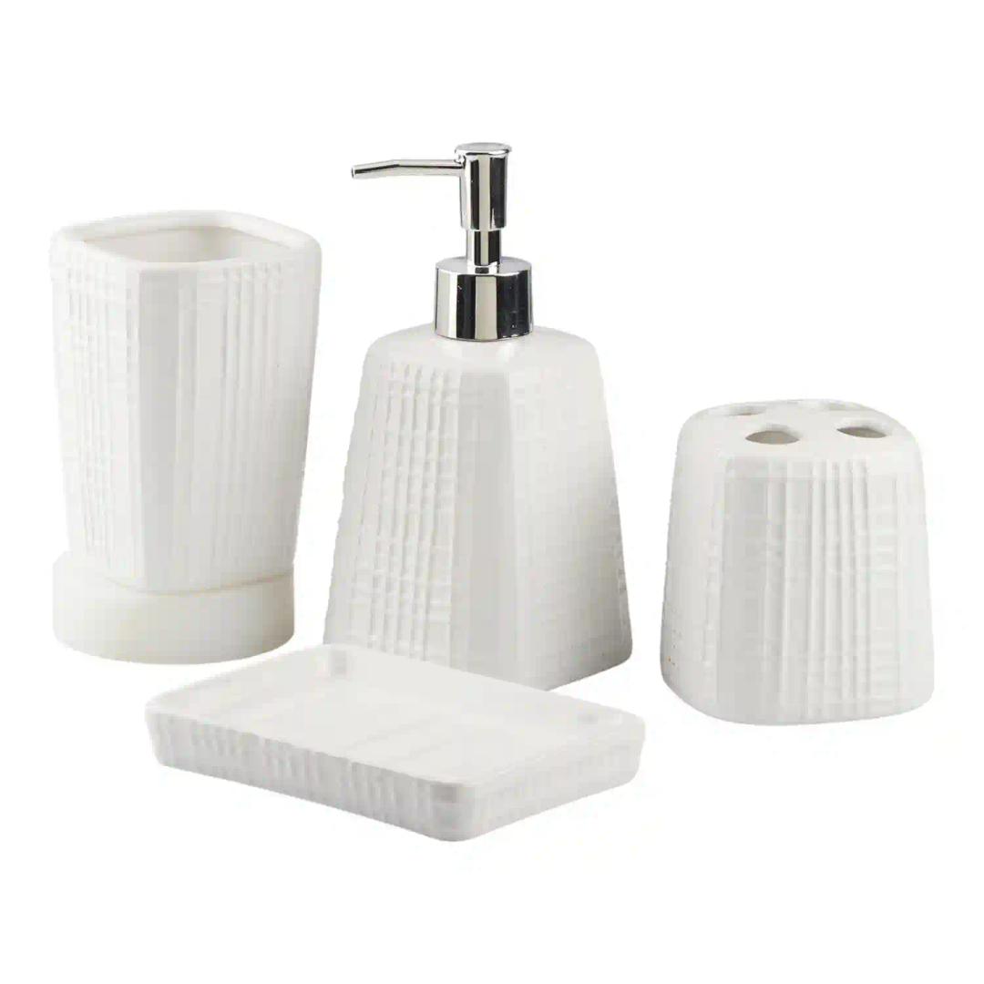 Kookee Ceramic Bathroom Accessories Set of 4, Modern Bath Set with Liquid hand wash Soap Dispenser and Toothbrush holder, Luxury Gift Accessory for Home, White (10466)