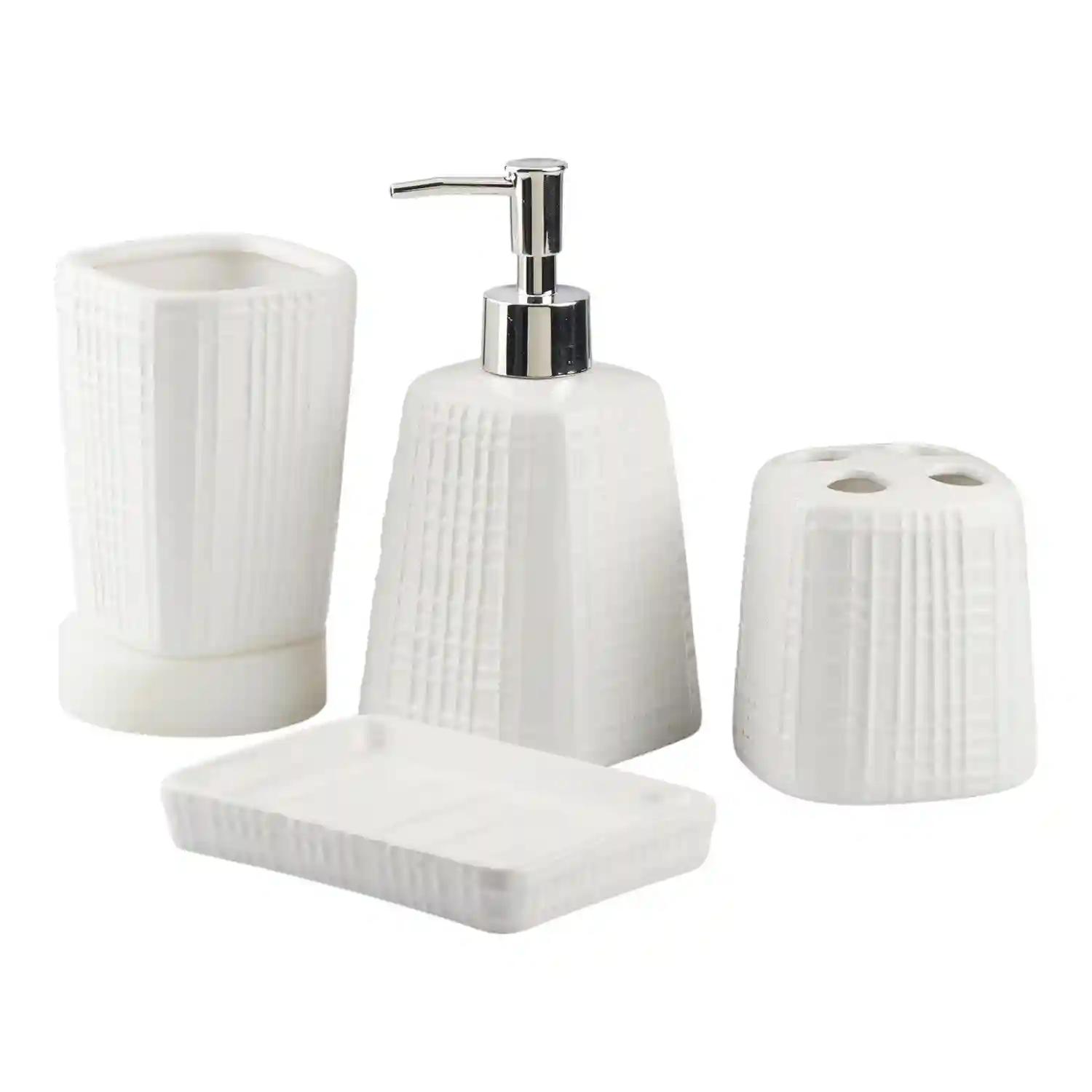 Kookee Ceramic Bathroom Accessories Set of 4, Modern Bath Set with Liquid hand wash Soap Dispenser and Toothbrush holder, Luxury Gift Accessory for Home, White (10466)