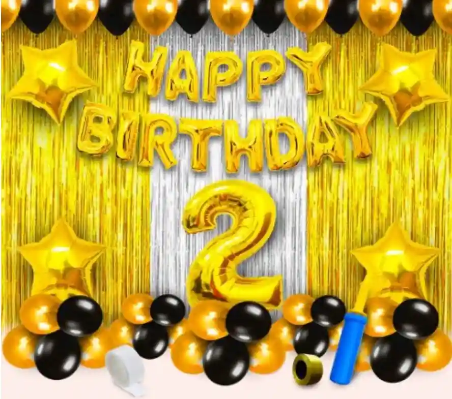 TrendzyKart 2nd Birthday Golden Theme Decoration Items (Multicolor)