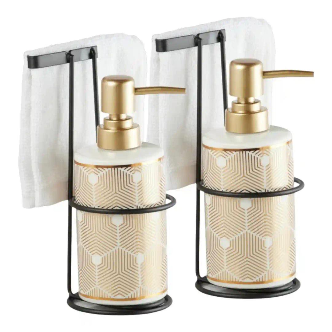 Kookee Ceramic Soap Dispenser for Bathroom hand wash, refillable pump bottle for Kitchen hand wash basin, Set of 2, White/Gold (11026)