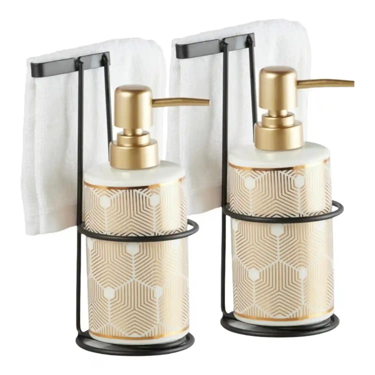 Kookee Ceramic Soap Dispenser for Bathroom hand wash, refillable pump bottle for Kitchen hand wash basin, Set of 2, White/Gold (11026)