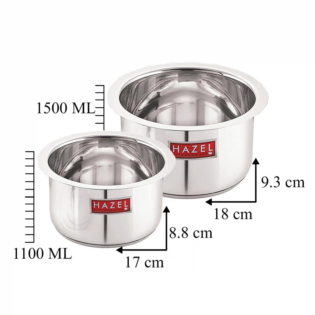 HAZEL Induction Base Tope Stainless Steel Heavy Base Thick Flat Bottom Patila Cookware Utensil for Kitchen, (1100 ml, 1500ml) Set of 2 Topes, Silver