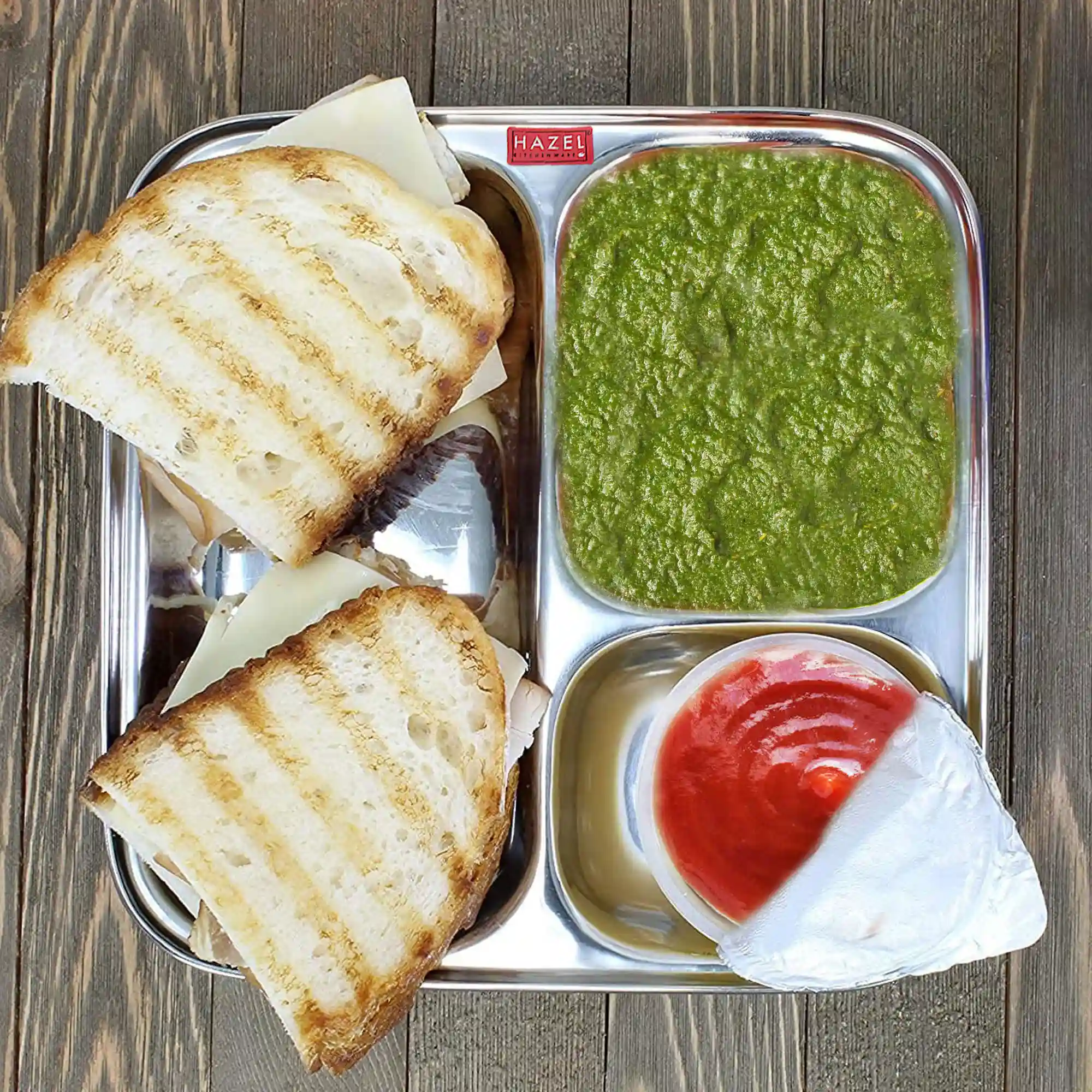 HAZEL Pav Bhaji Plates for Restaurant | Stainless Steel Compartment Plate | 3 in 1 Mess Plate Steel (SS, Medium, Set of 1)