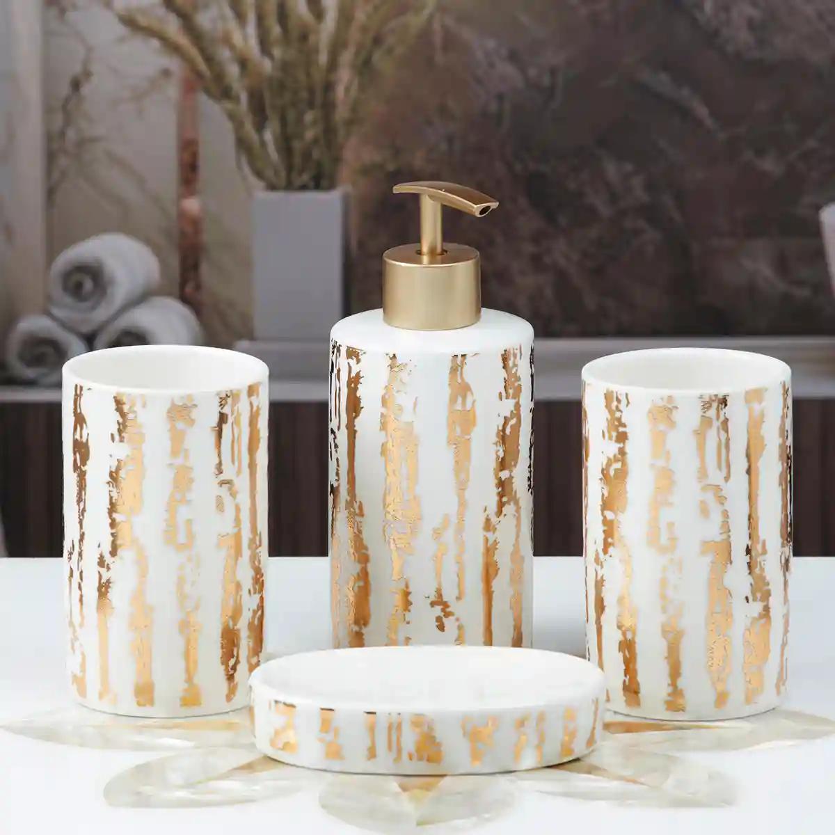 Kookee Ceramic Bathroom Accessories Set of 4, Modern Bath Set with Liquid handwash Soap Dispenser and Toothbrush holder, Luxury Gift Accessory for Home - White (10080)