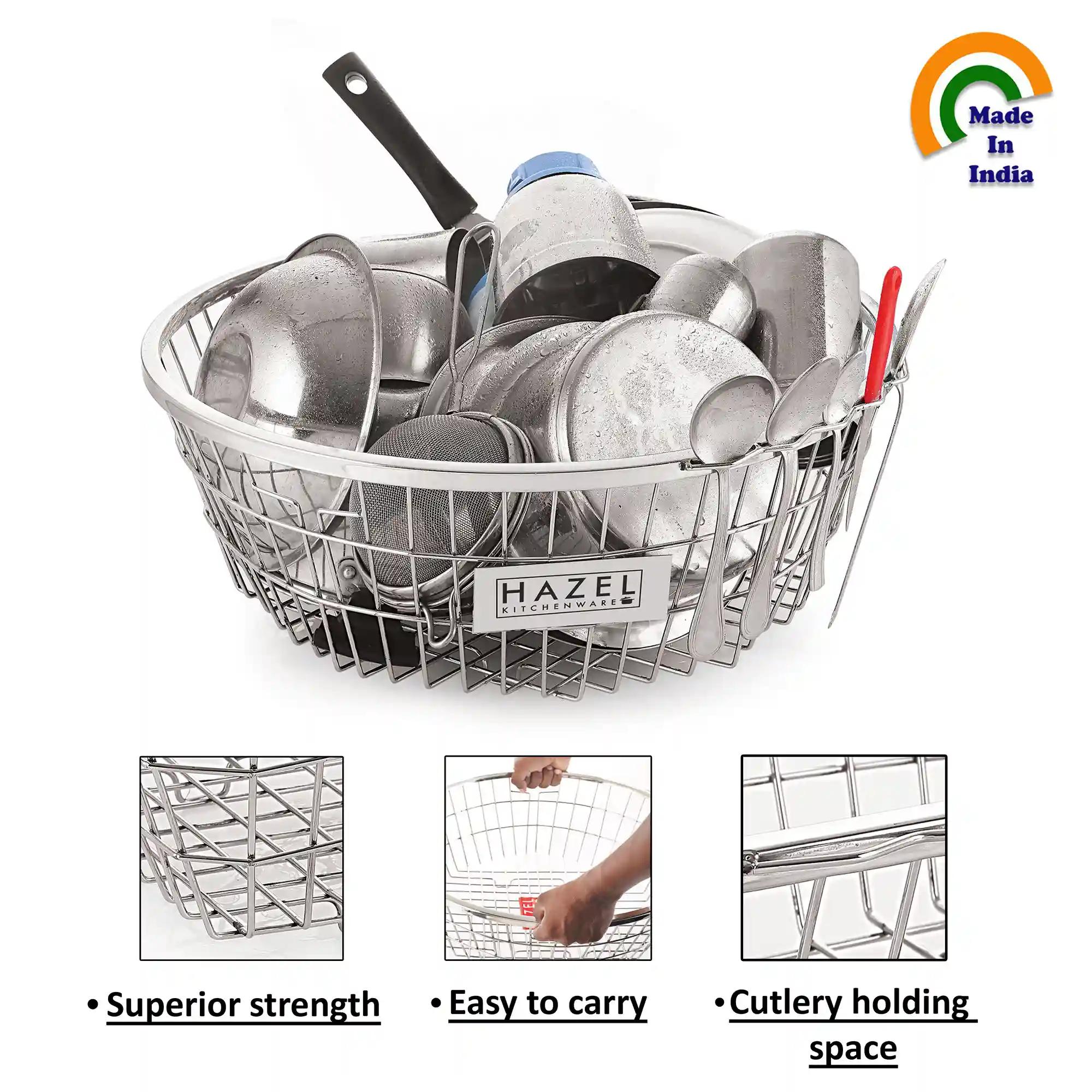 HAZEL Stainless Steel Dish Drainer Basket for Kitchen I Utensils Rack for Kitchen I Medium Size Steel Utensil Basket for Kitchen, Silver I Daily Use Round Kitchen Basket for Utensils