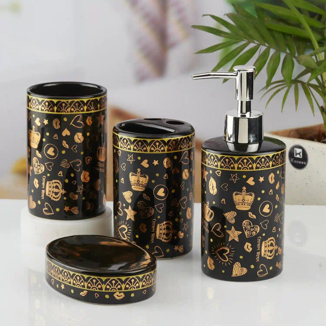 Kookee Ceramic Bathroom Accessories Set of 4, Modern Bath Set with Liquid hand wash Soap Dispenser and Toothbrush holder, Luxury Gift Accessory for Home, Black/Gold (10462)