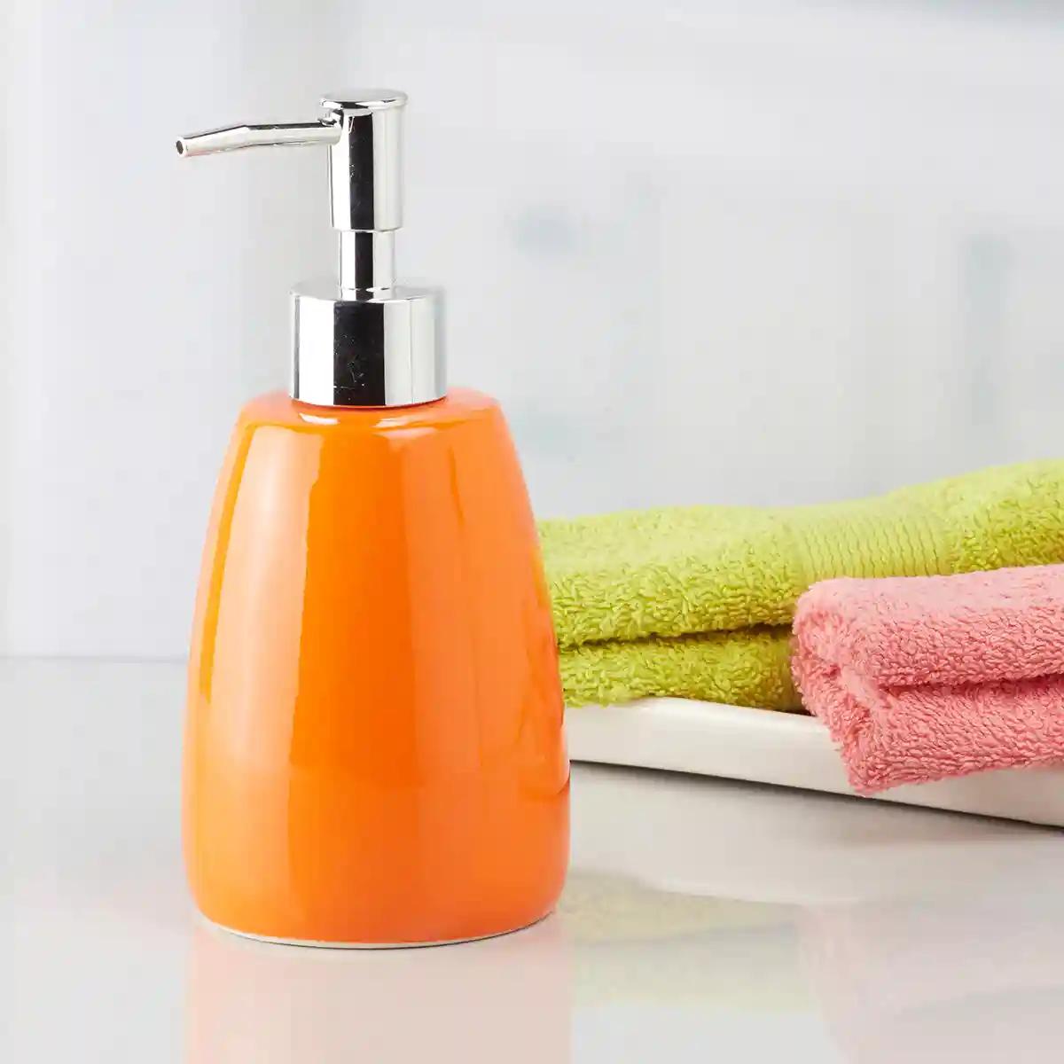 Kookee Ceramic Soap Dispenser for Bathroom handwash, refillable pump bottle for Kitchen hand wash basin, Set of 2 - Orange (5989)