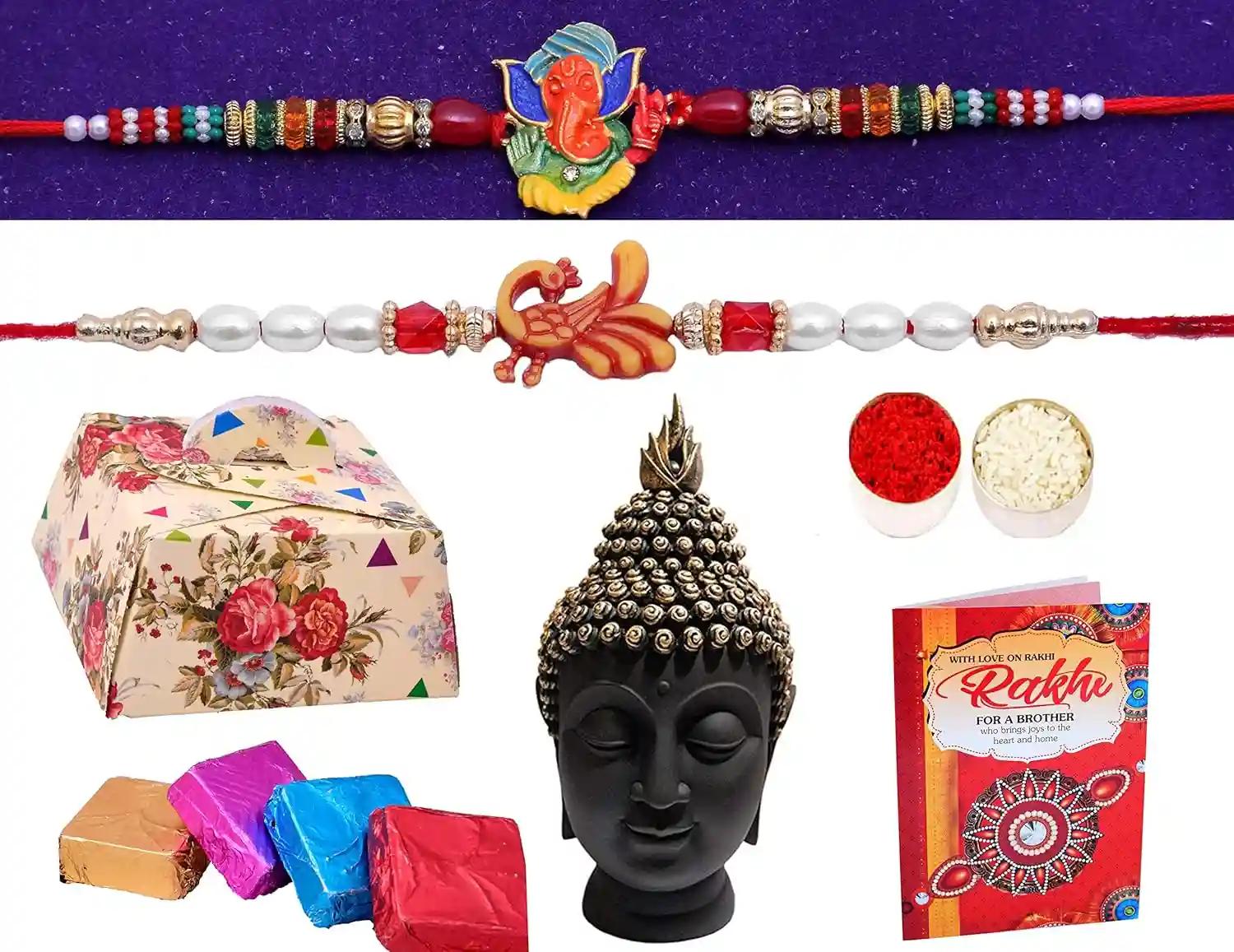 Rakhi Gift For Brother/Set Of 2 Rakhi For Brother With Gift/Rakhi For Brother And Bhabhi-2 Rakhi For brothers Box Of Chocolate+Showpiece Figurine+Roli, Chawal+Raksha Bandhan Greeting Card