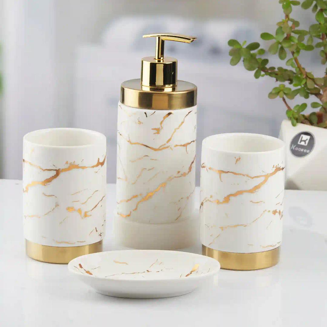 Kookee Ceramic Bathroom Accessories Set of 4, Modern Bath Set with Liquid hand wash Soap Dispenser and Toothbrush holder, Luxury Gift Accessory for Home, White/Gold (10382)