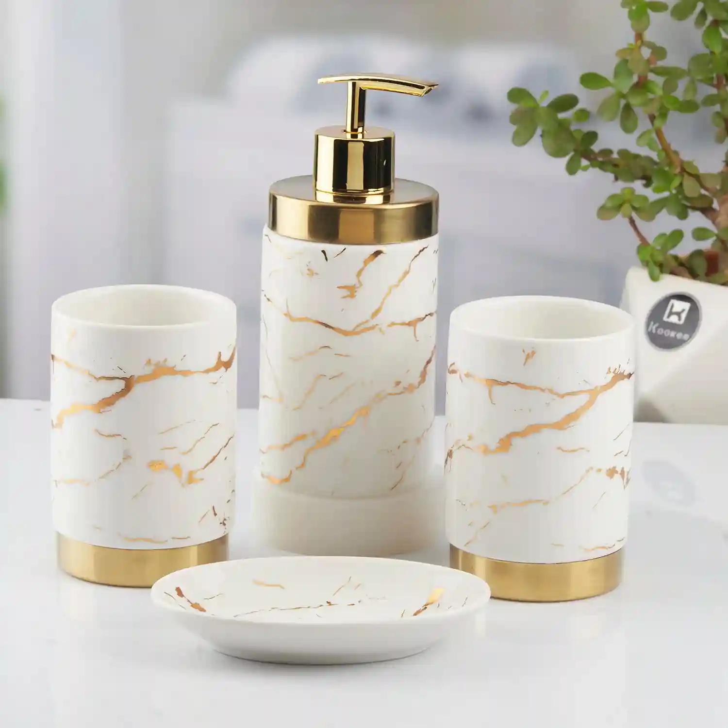 Kookee Ceramic Bathroom Accessories Set of 4, Modern Bath Set with Liquid hand wash Soap Dispenser and Toothbrush holder, Luxury Gift Accessory for Home, White/Gold (10382)