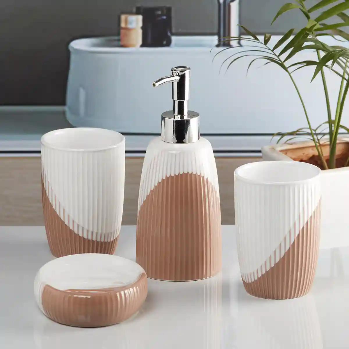 Kookee Ceramic Bathroom Accessories Set of 4, Modern Bath Set with Liquid handwash Soap Dispenser and Toothbrush holder, Luxury Gift Accessory for Home - Brown (10100)