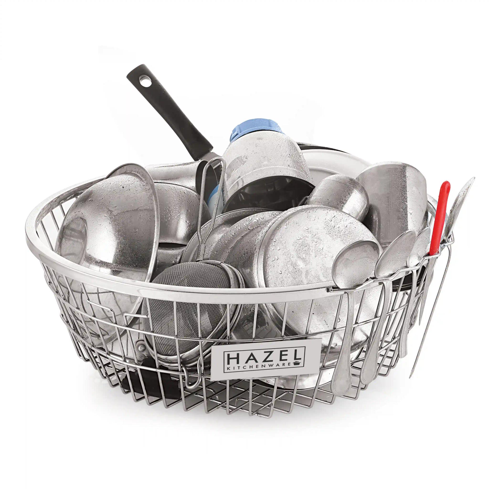 HAZEL Stainless Steel Dish Drainer Basket for Kitchen I Utensils Rack for Kitchen I Medium Size Steel Utensil Basket for Kitchen, Silver I Daily Use Round Kitchen Basket for Utensils