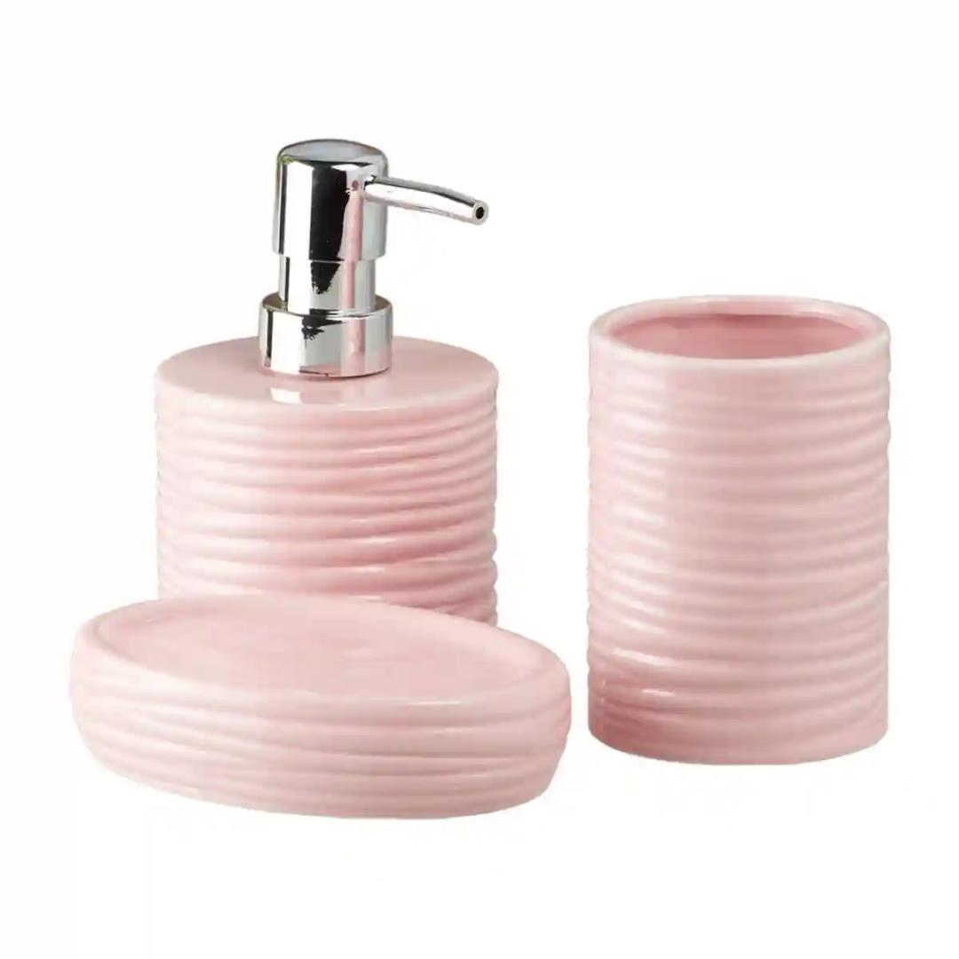 Kookee Ceramic Bathroom Accessories Set of 3, Modern Bath Set with Liquid handwash Soap Dispenser and Toothbrush holder, Luxury Gift Accessory for Home - Pink (10196)