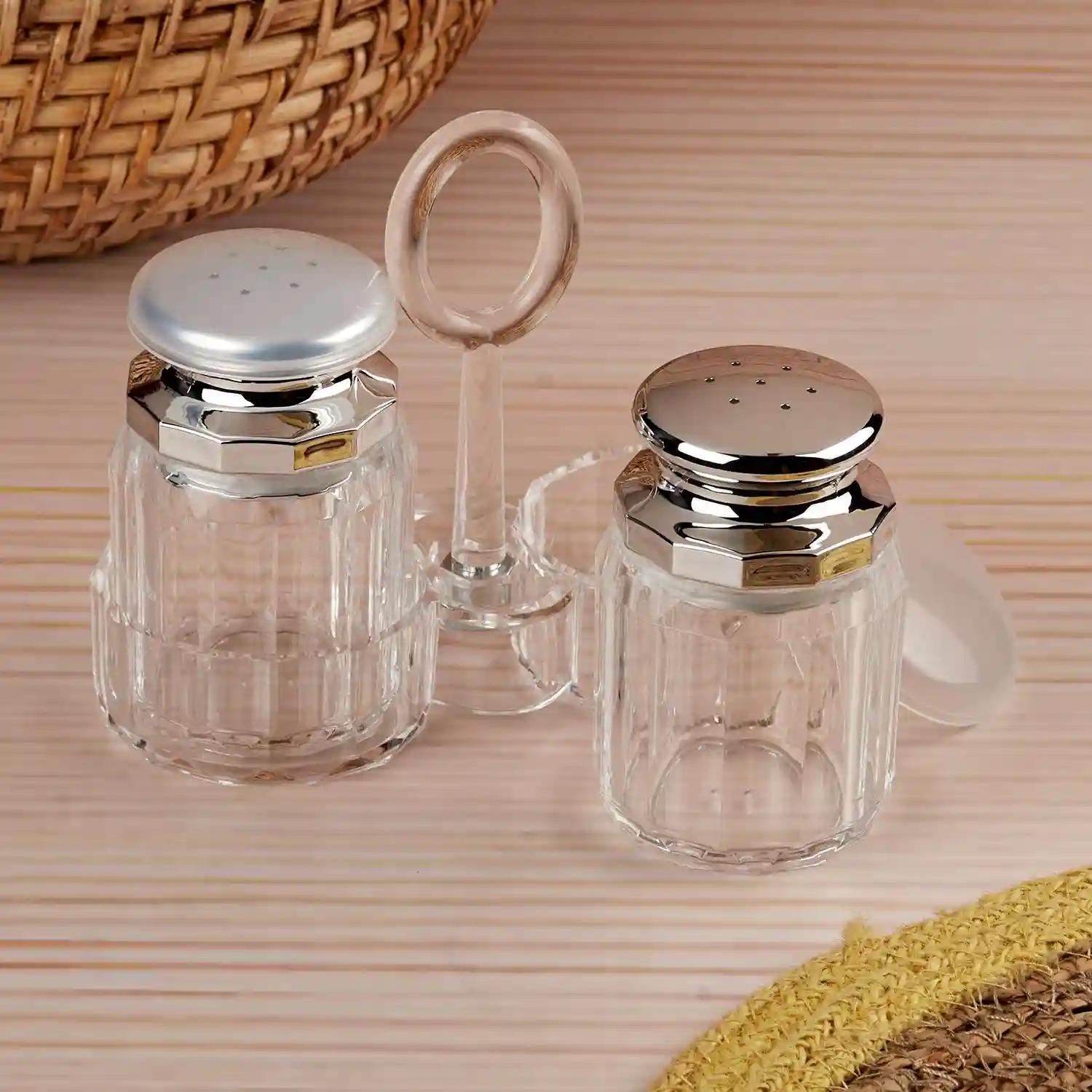 Kookee Acrylic Salt and Pepper Shakers Set with tray for Dining Table used as Namak Dhani, Shaker, Sprinkler, Spices Dispenser for Home, Kitchen and Restaurant, Transparent Silver (10707)