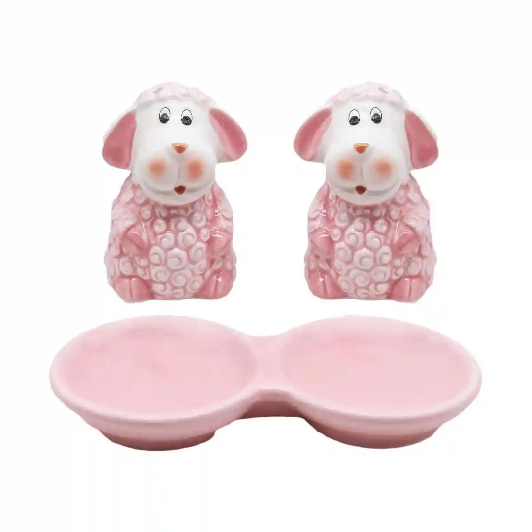 Kookee Ceramic Salt and Pepper Shakers Set with tray for Dining Table used as Namak Dhani, Shaker, Sprinkler, Spices Dispenser for Home, Kitchen and Restaurant, Sheep Design, Pink (8561)