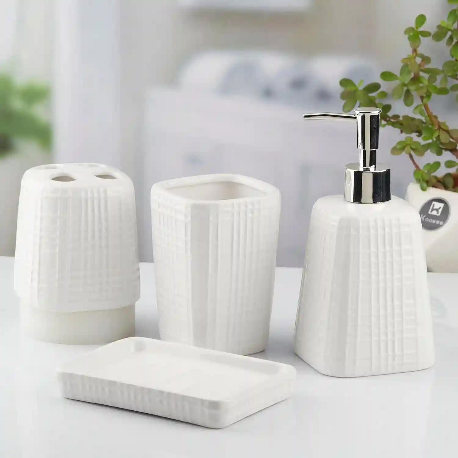 Kookee Ceramic Bathroom Accessories Set of 4, Modern Bath Set with Liquid hand wash Soap Dispenser and Toothbrush holder, Luxury Gift Accessory for Home, White (10466)