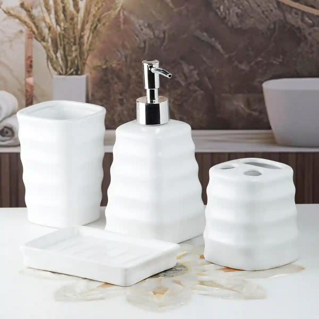 Kookee Ceramic Bathroom Accessories Set of 4, Modern Bath Set with Liquid handwash Soap Dispenser and Toothbrush holder, Luxury Gift Accessory for Home - White (10108)