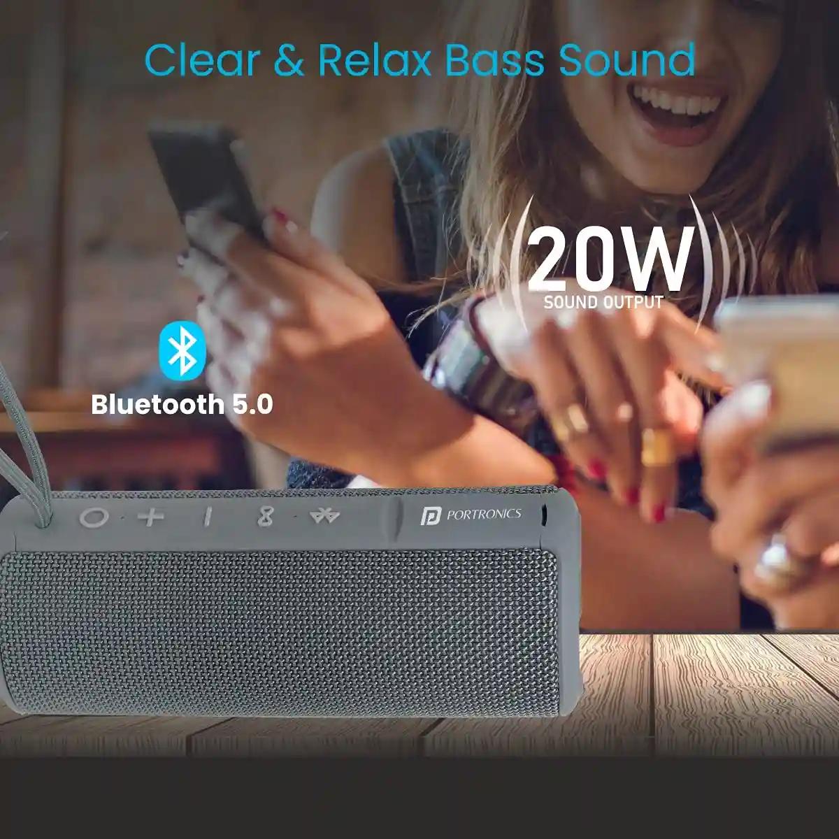 Portronics Breeze Plus POR-545 20W Bluetooth 5.0 Portable Stereo Speaker with TWS, Aux in, Water Resistant, 2000mAh Battery, Grey