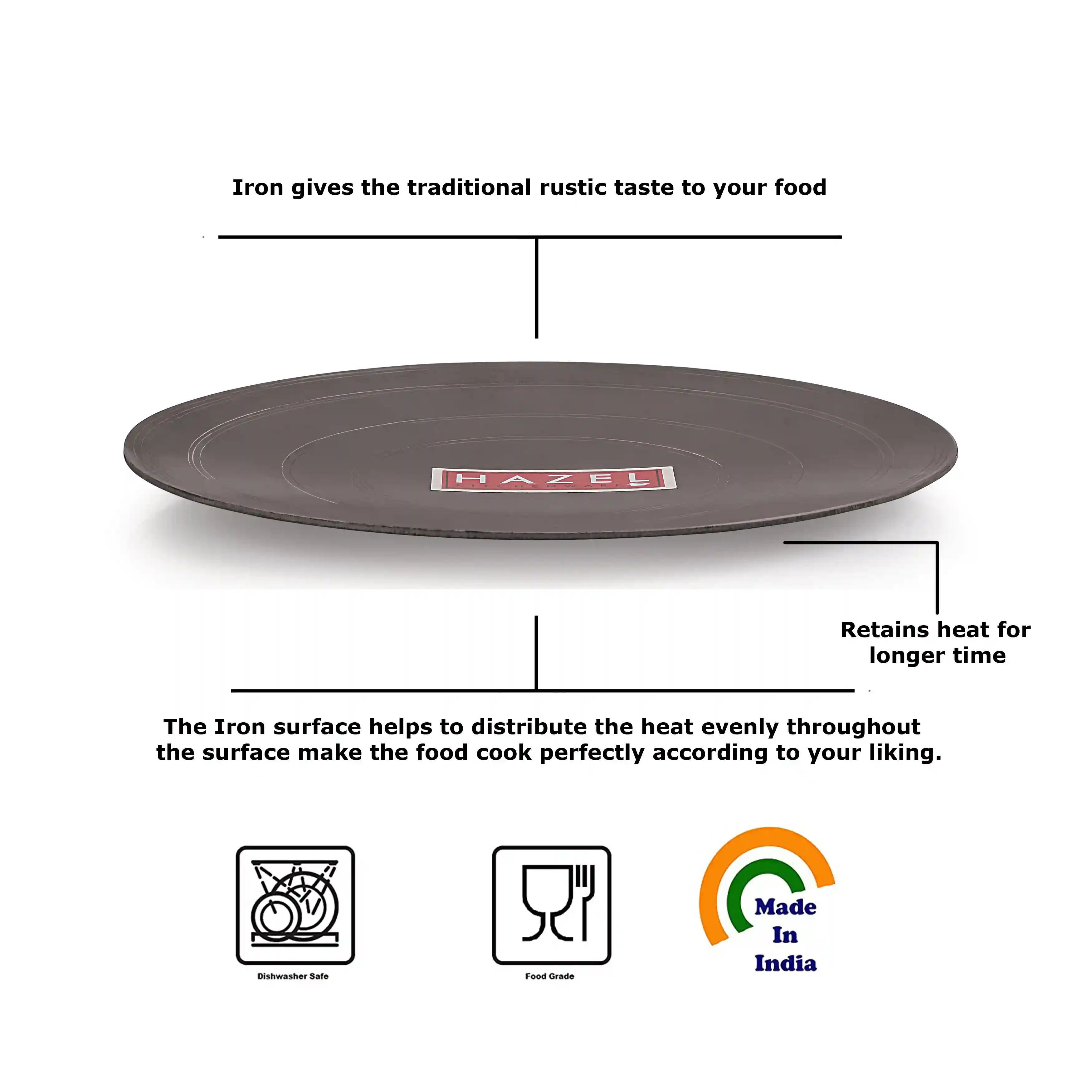 HAZEL Iron Tawa Without Handle Traditional Loha/Lokhand Tawa for Dosa Roti Chapati Amboli Flat Pan, 24 cm
