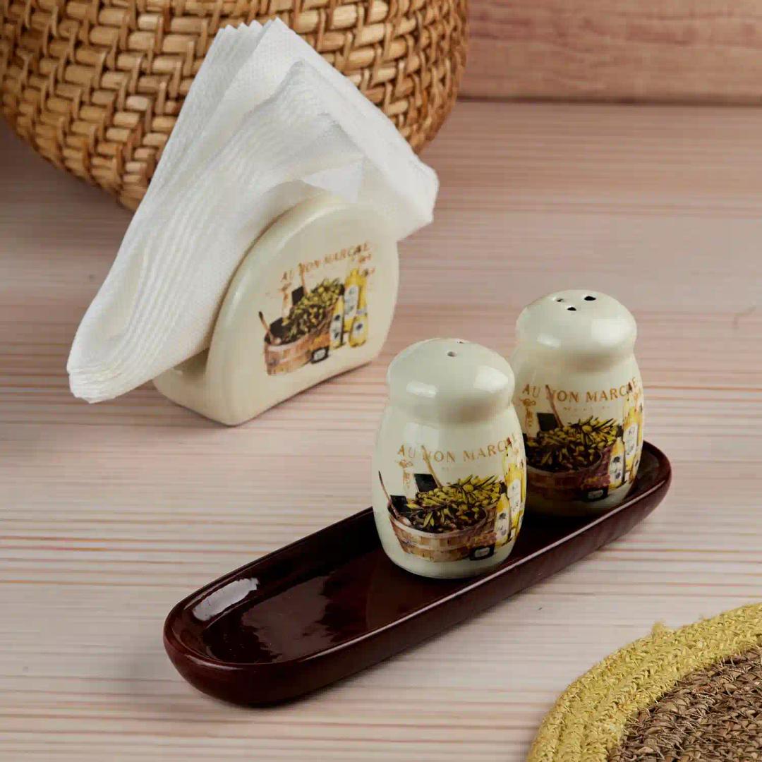 Kookee Ceramic Salt and Pepper Shakers Set with tray for Dining Table used as Namak Dhani, Shaker, Sprinkler, Spices Dispenser for Home, Kitchen and Restaurant, Brown (10716)