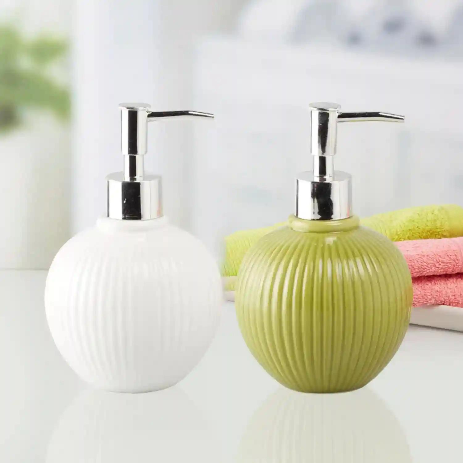 Kookee Ceramic Soap Dispenser for Bathroom hand wash, refillable pump bottle for Kitchen hand wash basin, Set of 2, White/Green (10853)