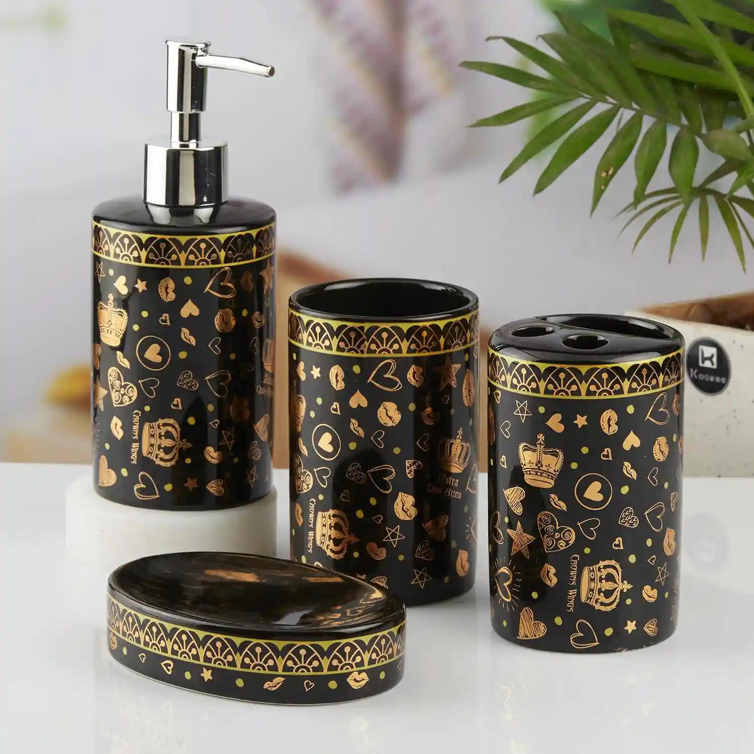 Kookee Ceramic Bathroom Accessories Set of 4, Modern Bath Set with Liquid hand wash Soap Dispenser and Toothbrush holder, Luxury Gift Accessory for Home, Black/Gold (10462)