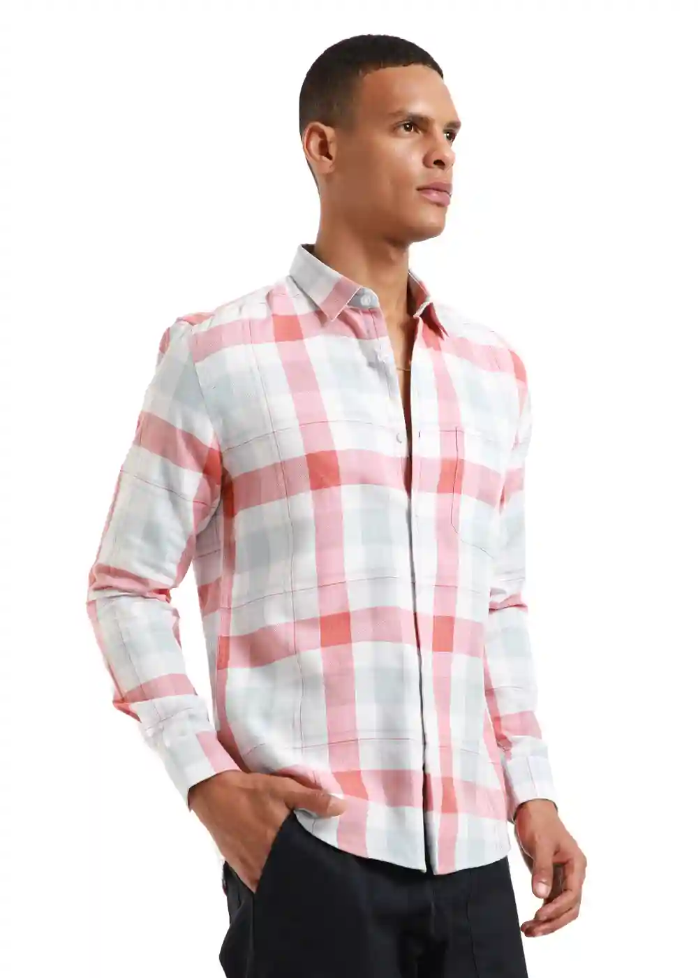 Banana Club Melange Salmon Red Check Shirt- (Small)