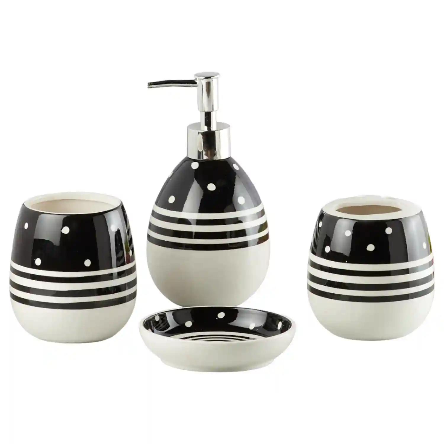 Kookee Ceramic Bathroom Accessories Set of 4, Modern Bath Set with Liquid handwash Soap Dispenser and Toothbrush holder, Luxury Gift Accessory for Home - White & Black (10158)