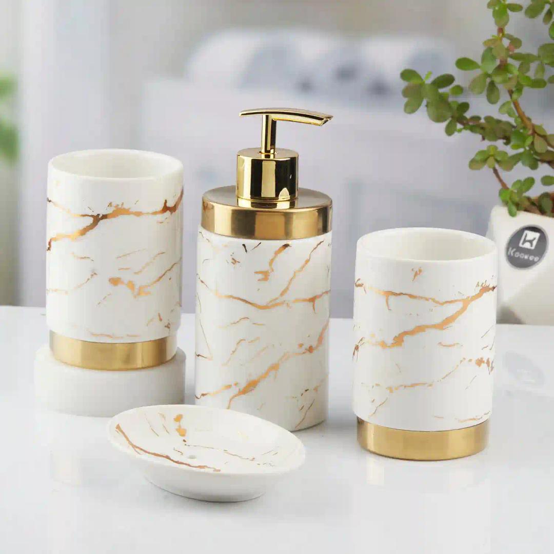 Kookee Ceramic Bathroom Accessories Set of 4, Modern Bath Set with Liquid hand wash Soap Dispenser and Toothbrush holder, Luxury Gift Accessory for Home, White/Gold (10382)