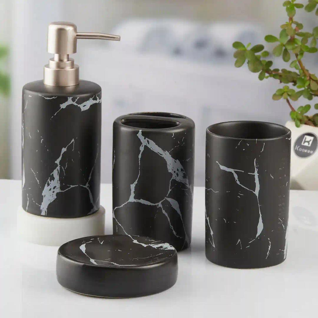 Kookee Ceramic Bathroom Accessories Set of 4, Modern Bath Set with Liquid hand wash Soap Dispenser and Toothbrush holder, Luxury Gift Accessory for Home, Black (10425)