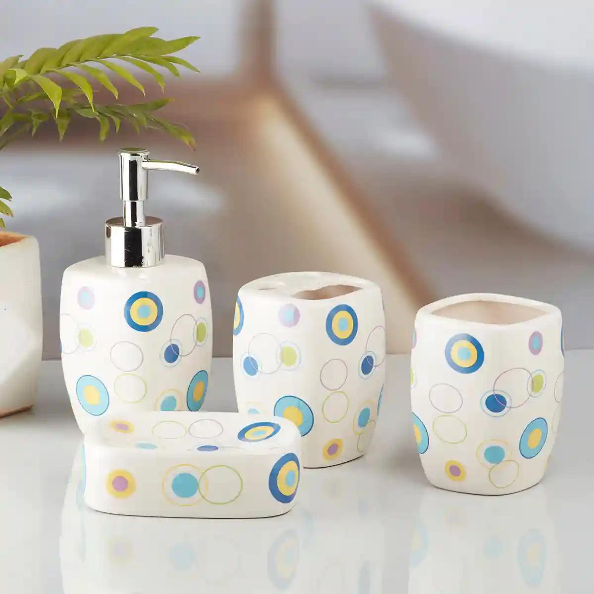 Kookee Ceramic Bathroom Accessories Set of 4, Modern Bath Set with Liquid handwash Soap Dispenser and Toothbrush holder, Luxury Gift Accessory for Home - Multicolor (10169)