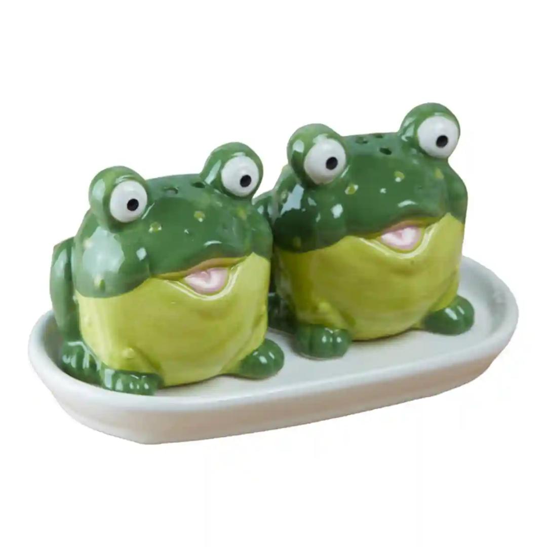 Kookee Ceramic Salt and Pepper Shakers Set with tray for Dining Table used as Namak Dhani, Shaker, Sprinkler, Spices Dispenser for Home, Kitchen and Restaurant, Frog Design, Green (8569)