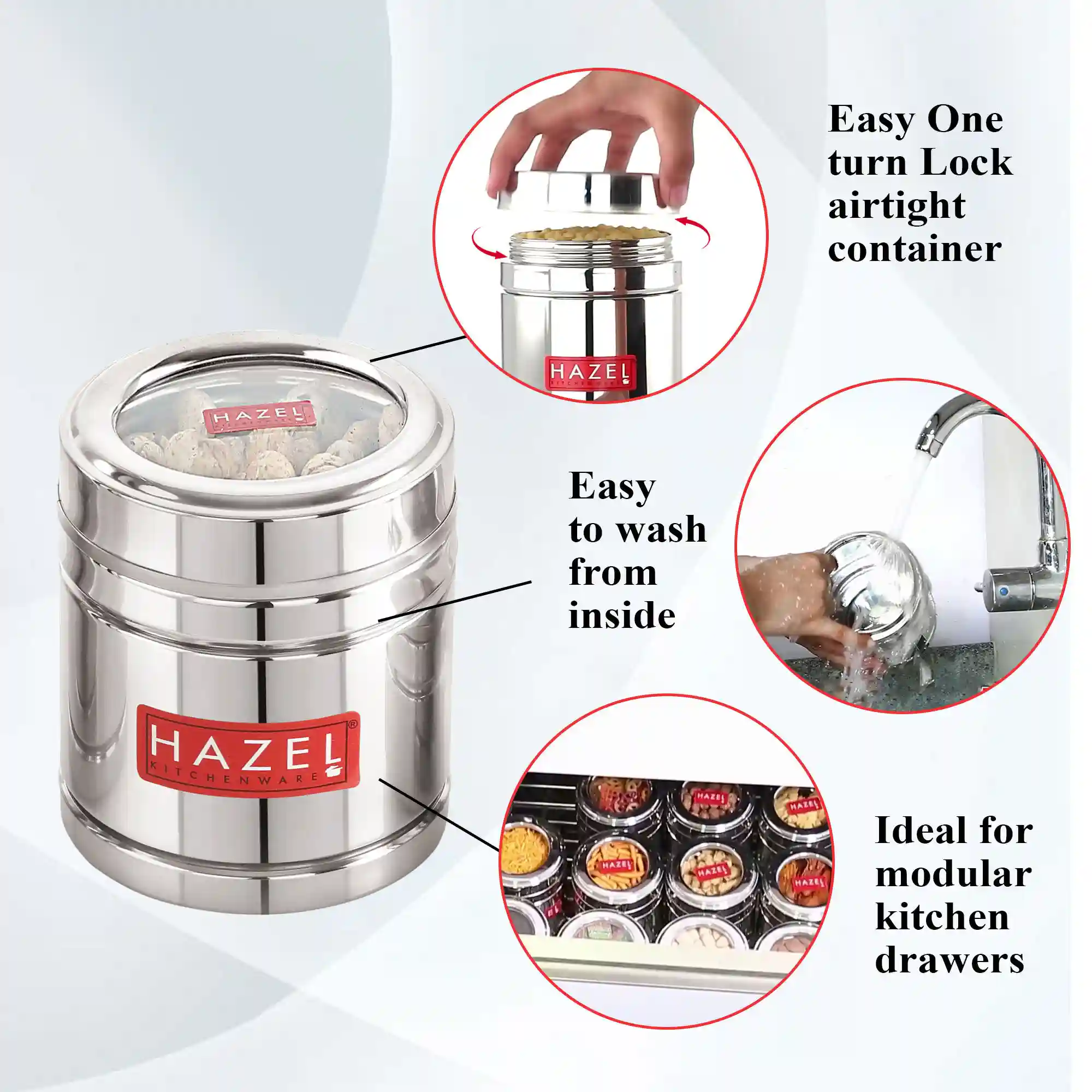 HAZEL Steel Coffee Container with Transparent Lid | Transparent Lid Coffee Powder Storage Box For Kitchen |Food Grade Steel Kitchen Container, Set of 2, 500 ML