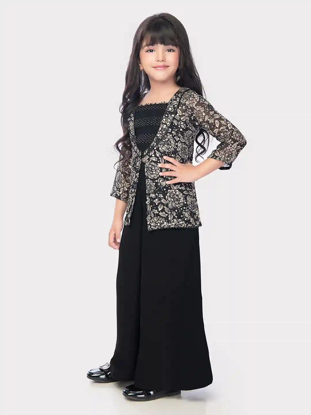 Betty Black Colored Georgette Fabric Stitched Palazzo Set along with Printed Jacket - 5-6 Yrs