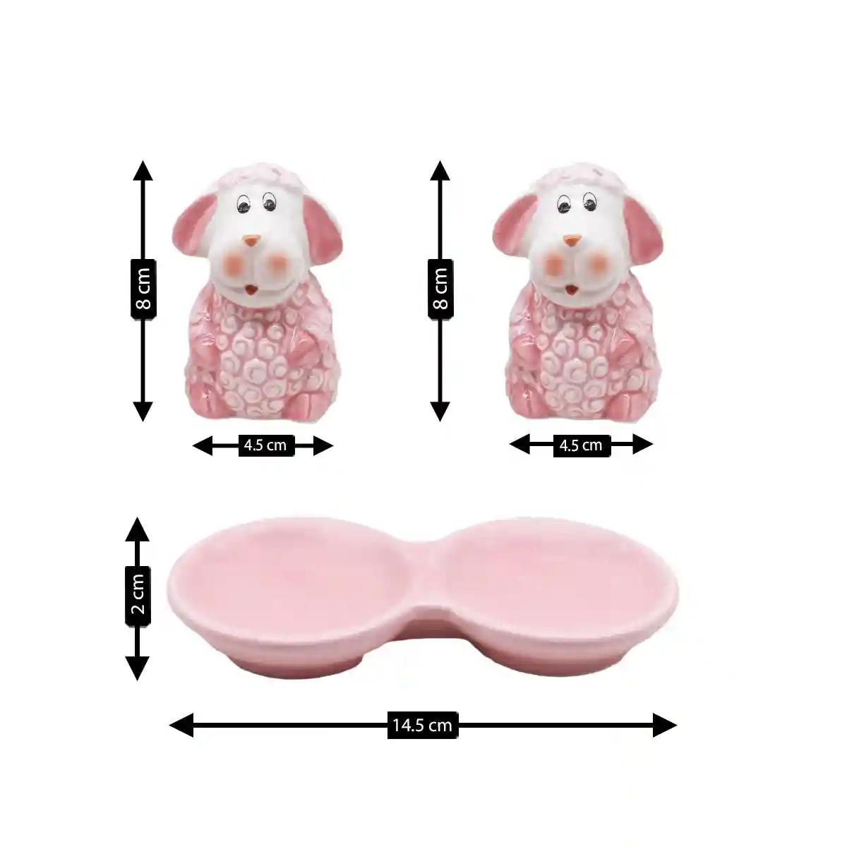 Kookee Ceramic Salt and Pepper Shakers Set with tray for Dining Table used as Namak Dhani, Shaker, Sprinkler, Spices Dispenser for Home, Kitchen and Restaurant, Sheep Design, Pink (8561)