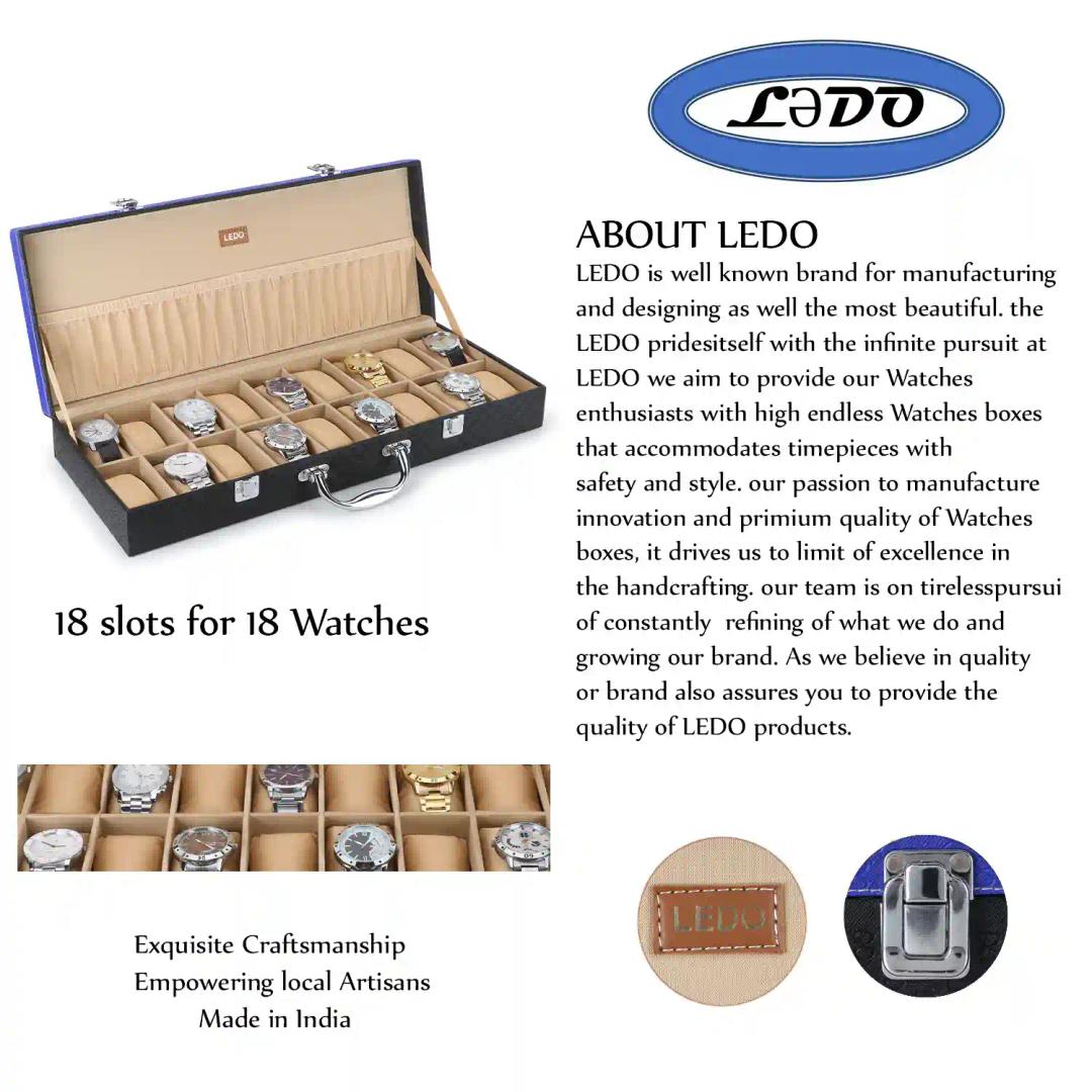 LEDO Faux Leather 18 Slots Watch Box Holder Organizer Case For Men & Women - Royal Black & Cream