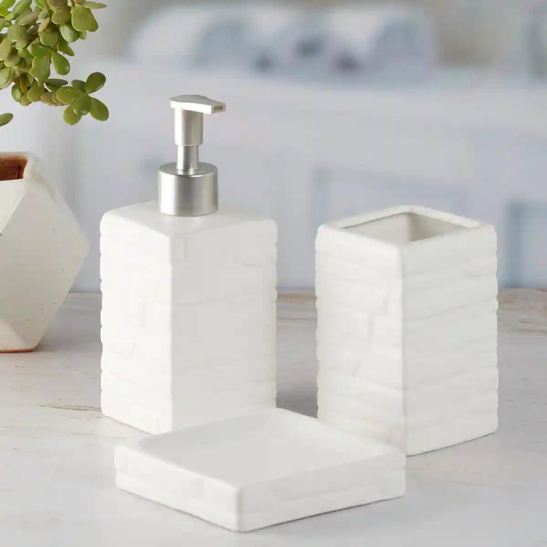 Kookee Ceramic Bathroom Accessories Set of 3, Modern Bath Set with Liquid handwash Soap Dispenser and Toothbrush holder, Luxury Gift Accessory for Home - White (9869)