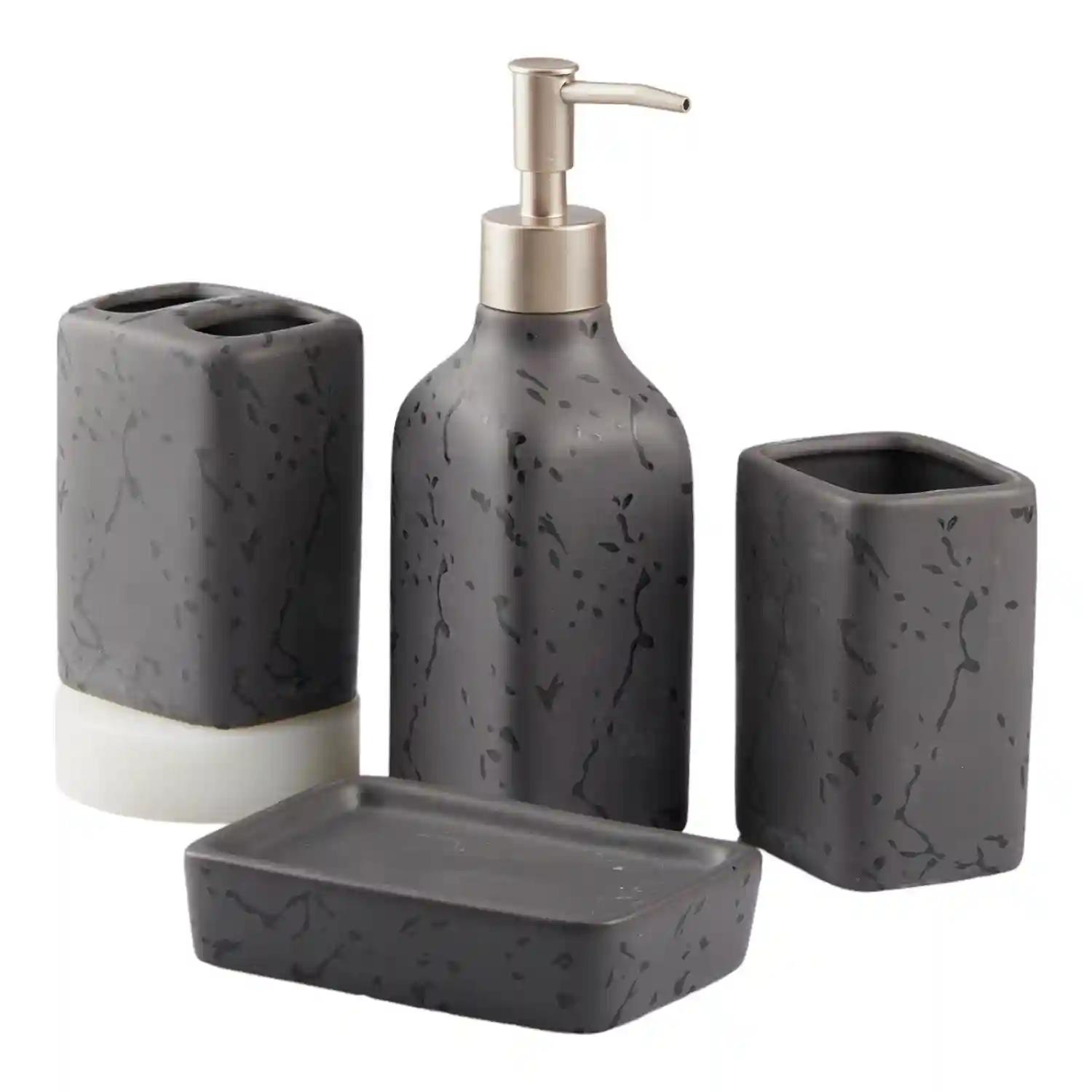 Kookee Ceramic Bathroom Accessories Set of 4, Modern Bath Set with Liquid hand wash Soap Dispenser and Toothbrush holder, Luxury Gift Accessory for Home, Grey (10446)