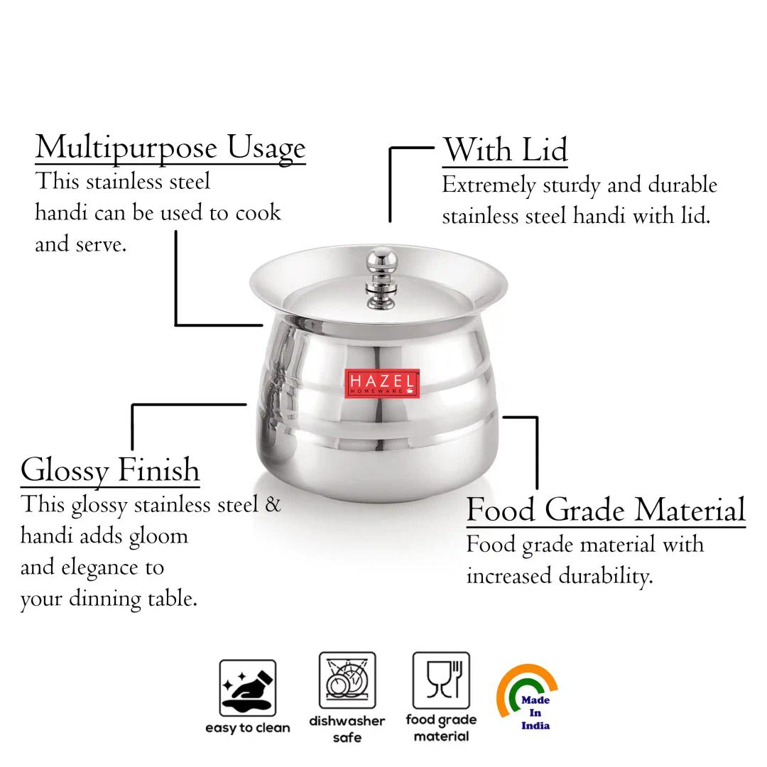 HAZEL Serving Handi with Lid | Dal Handi for Serving | Serving Handi Big with Lid | Dal Handi for Serving, 850 ml, Silver