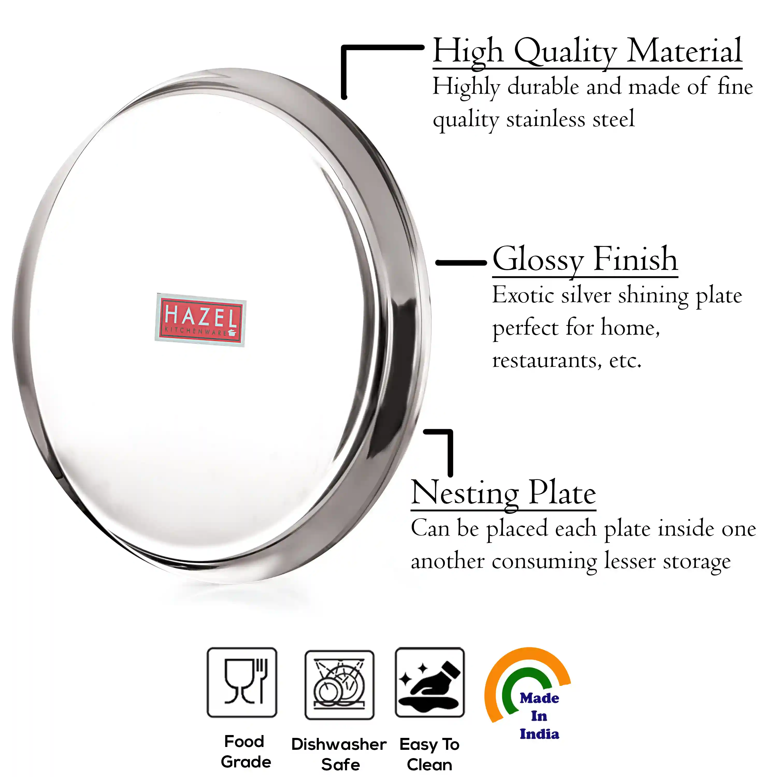 HAZEL Stainless Steel Plates Set | Premium Mirror Finish Thali Set Stainless Steel | Heavy Gauge Steel Plates Set for Dinner & Lunch Set of 3, 28 cm