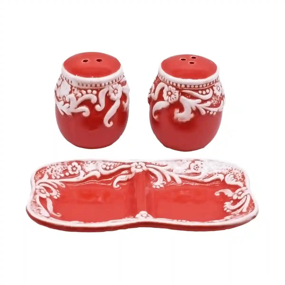 Kookee Ceramic Salt and Pepper Shakers Set with tray for Dining Table used as Namak Dhani, Shaker, Sprinkler, Spices Dispenser for Home, Kitchen and Restaurant, Floral Design, Red White (8565)