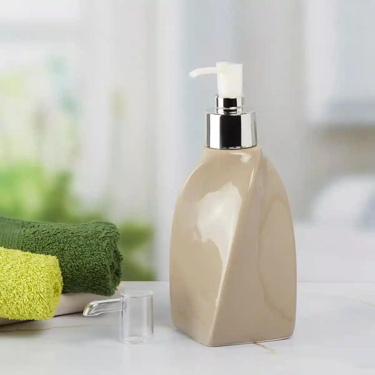 Kookee Ceramic Soap Dispenser for Bathroom handwash, refillable pump bottle for Kitchen hand wash basin, Set of 2 - Beige (9658)