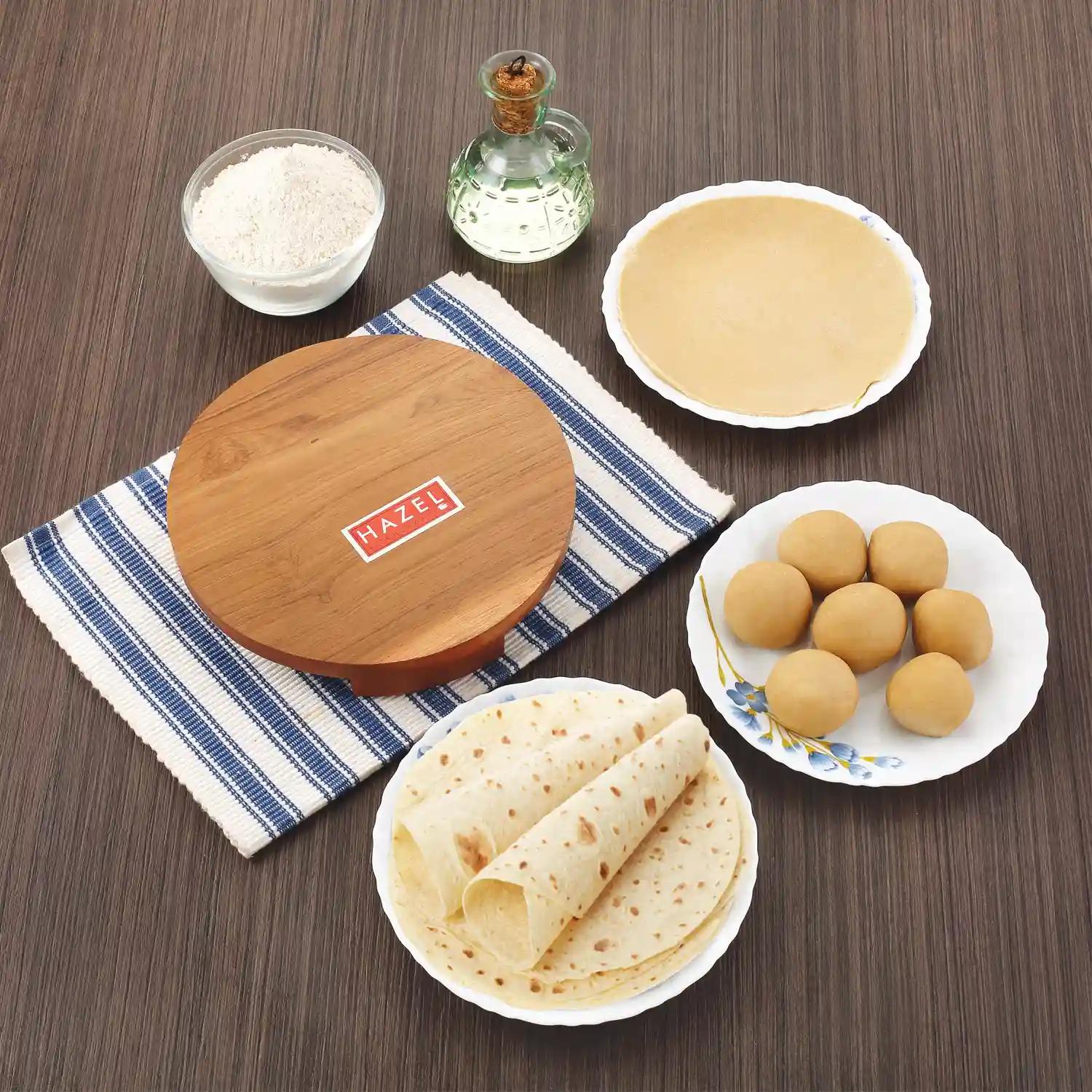 HAZEL Sagwan Polpat Chakla Roti Chapati Maker 23 cm with Wood Roti Roller Belan Rolling Pin 36 cm