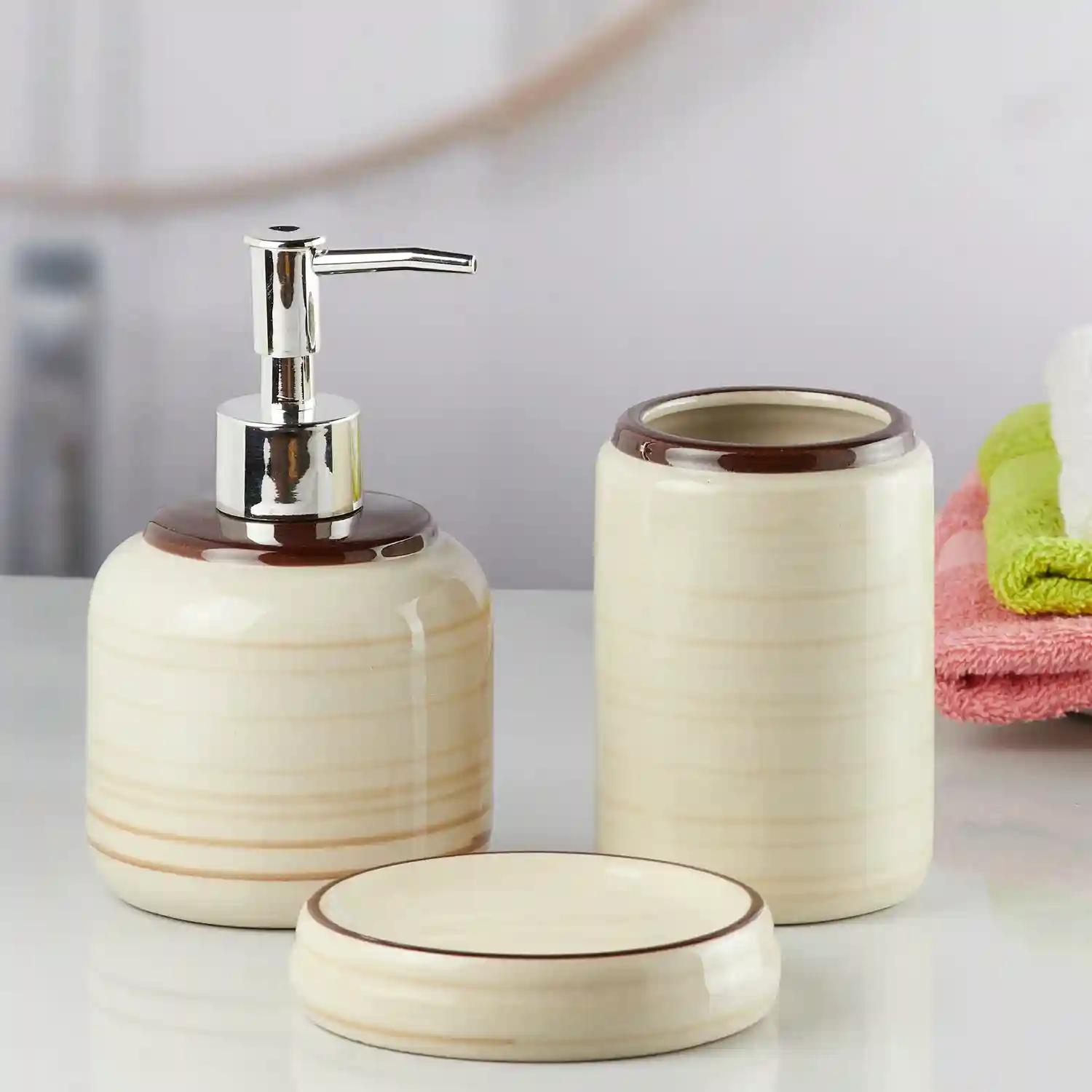 Kookee Ceramic Bathroom Accessories Set of 3, Modern Bath Set with Liquid handwash Soap Dispenser and Toothbrush holder, Luxury Gift Accessory for Home - Beige (10263)