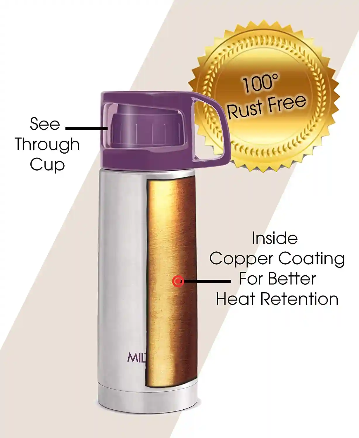 MILTON ThermoSteel Glassy Hot and Cold Bottle with Drinking Cup Lid, (350ml, Purple)
